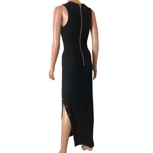 BeBe maxi dress ribbed side slit stretch gold buttons back zip up SZ SM black - Picture 3 of 10